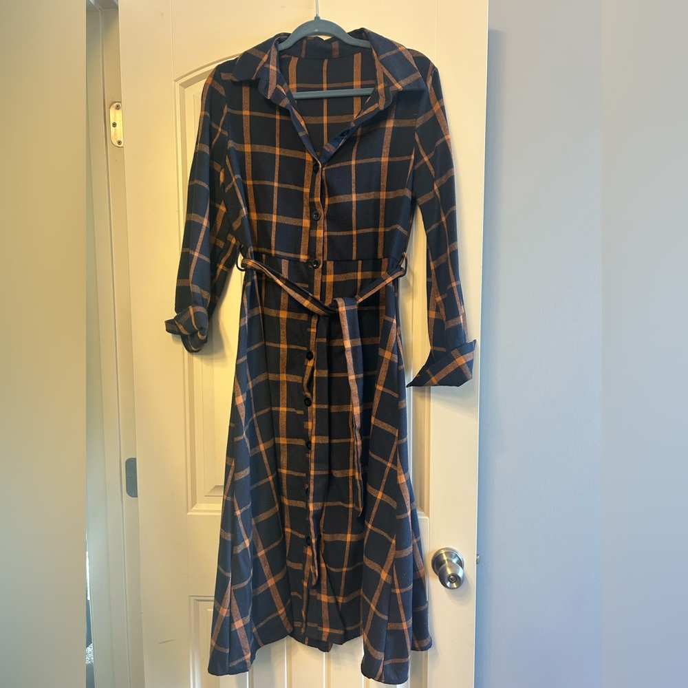 SHEIN Navy and Brown Plaid Button-Front Shirt Dress